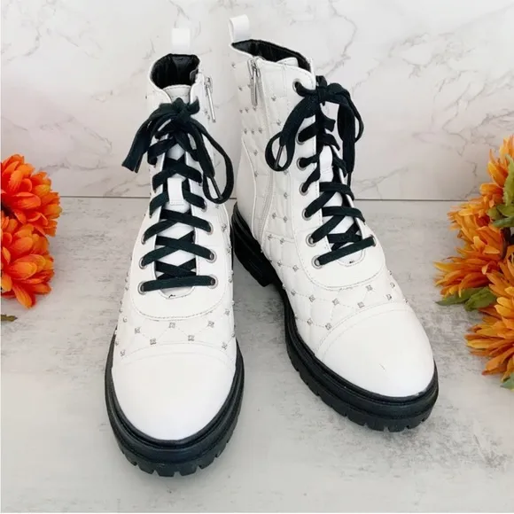 Circus by Sam Edelman Goodwin White Studded Laceup Combat Booties, Size 7.5