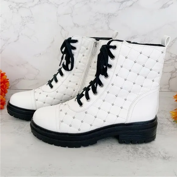 Circus by Sam Edelman Goodwin White Studded Laceup Combat Booties, Size 7.5