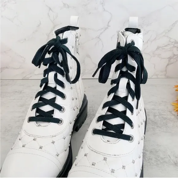 Circus by Sam Edelman Goodwin White Studded Laceup Combat Booties, Size 7.5