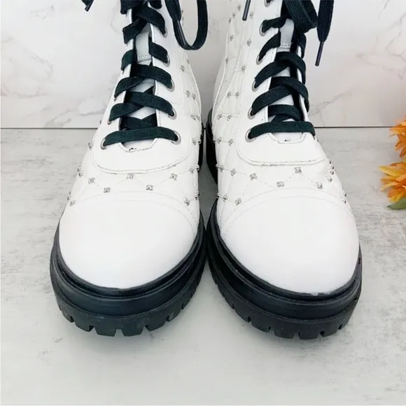 Circus by Sam Edelman Goodwin White Studded Laceup Combat Booties, Size 7.5