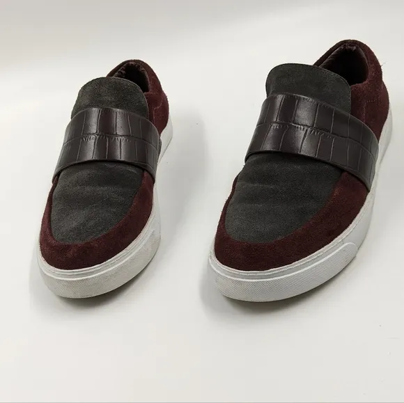 CLARKS Somerset Suede Burgundy Grey Loafers Sz 8.5