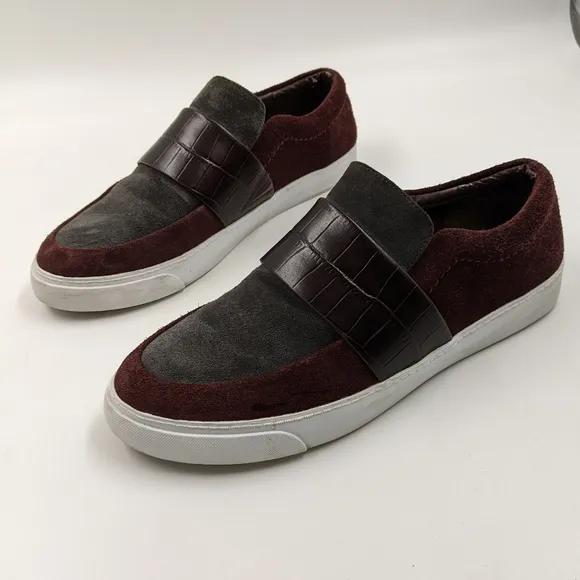 CLARKS Somerset Suede Burgundy Grey Loafers Sz 8.5