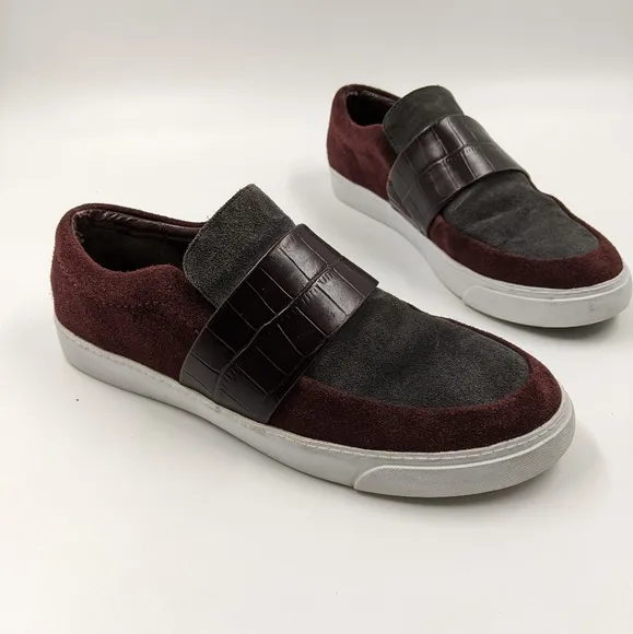 CLARKS Somerset Suede Burgundy Grey Loafers Sz 8.5