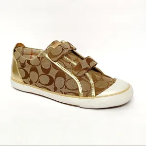 Coach Britt tan brown C logo canvas gold leather Velcro strap closure sneakers