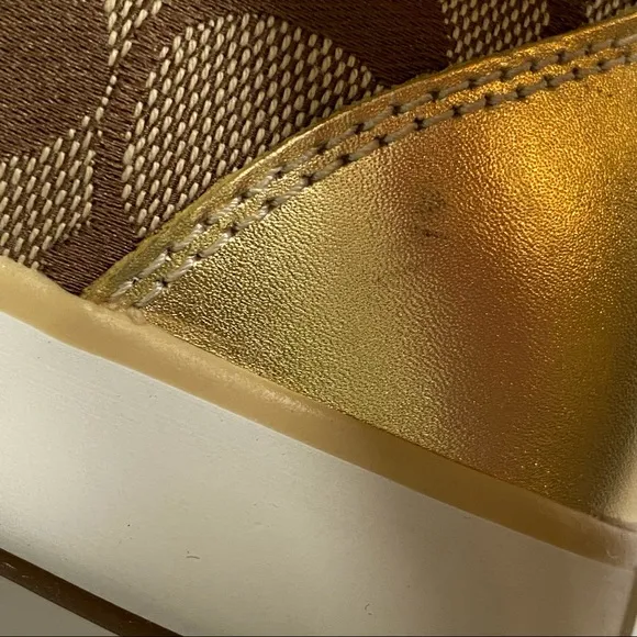 Coach Britt tan brown C logo canvas gold leather Velcro strap closure sneakers