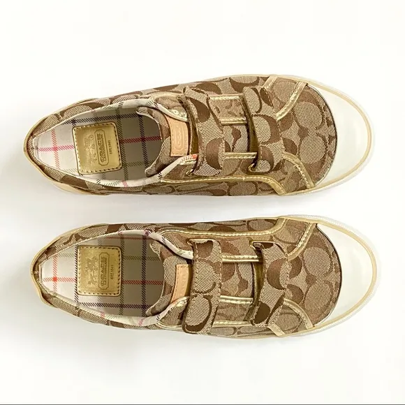 Coach Britt tan brown C logo canvas gold leather Velcro strap closure sneakers