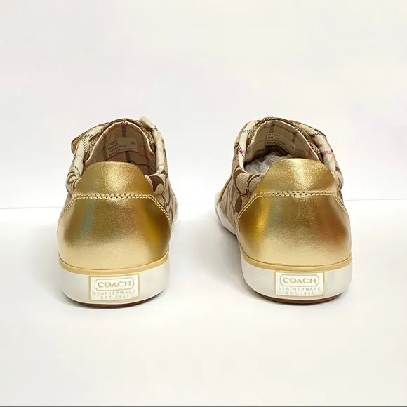 Coach Britt tan brown C logo canvas gold leather Velcro strap closure sneakers