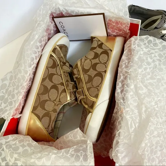 Coach Britt tan brown C logo canvas gold leather Velcro strap closure sneakers
