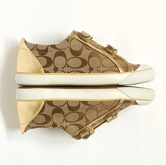 Coach Britt tan brown C logo canvas gold leather Velcro strap closure sneakers