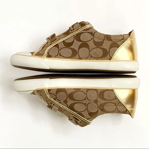Coach Britt tan brown C logo canvas gold leather Velcro strap closure sneakers