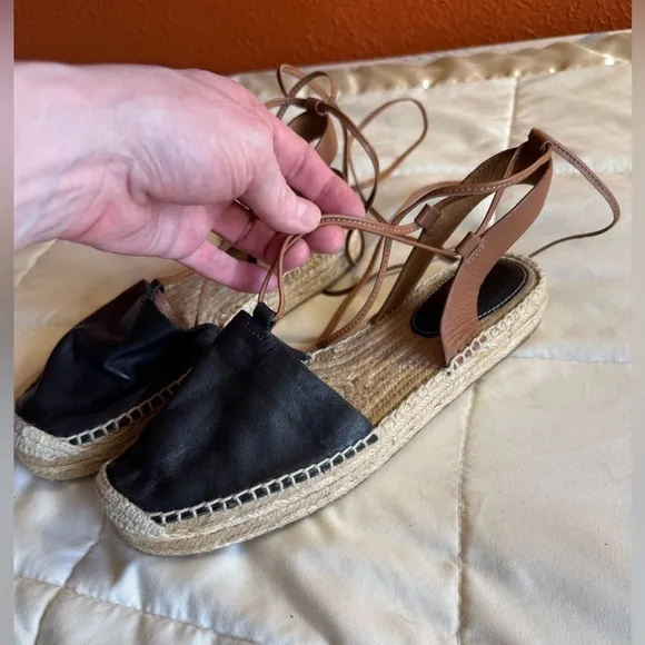 Coach Rita Espadrille Sandals, Black and Brown Leather Tie Up, Size 7