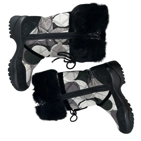 Coach Sasha Quilted Signature C's Fur Trimmed Winter Boots Size 5.5 M P694 Black