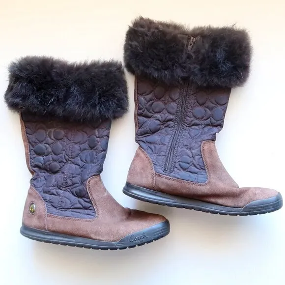Coach Talen Brown Waterproof Suede Leather Quilted Nylon &amp; Fur Winter Snow Boots
