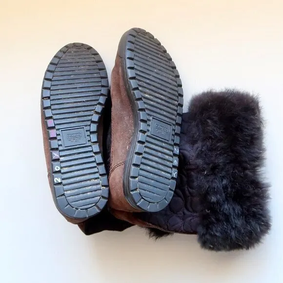 Coach Talen Brown Waterproof Suede Leather Quilted Nylon &amp; Fur Winter Snow Boots