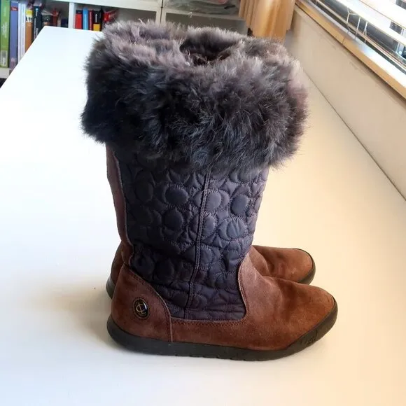 Coach Talen Brown Waterproof Suede Leather Quilted Nylon &amp; Fur Winter Snow Boots