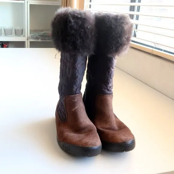 Coach Talen Brown Waterproof Suede Leather Quilted Nylon &amp; Fur Winter Snow Boots