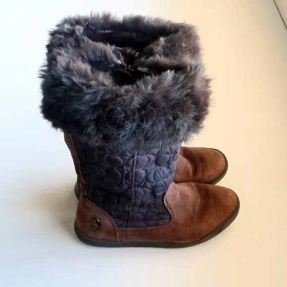 Coach Talen Brown Waterproof Suede Leather Quilted Nylon &amp; Fur Winter Snow Boots