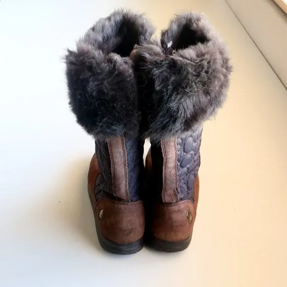 Coach Talen Brown Waterproof Suede Leather Quilted Nylon &amp; Fur Winter Snow Boots