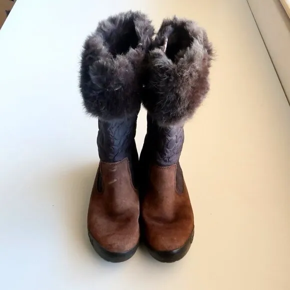 Coach Talen Brown Waterproof Suede Leather Quilted Nylon &amp; Fur Winter Snow Boots