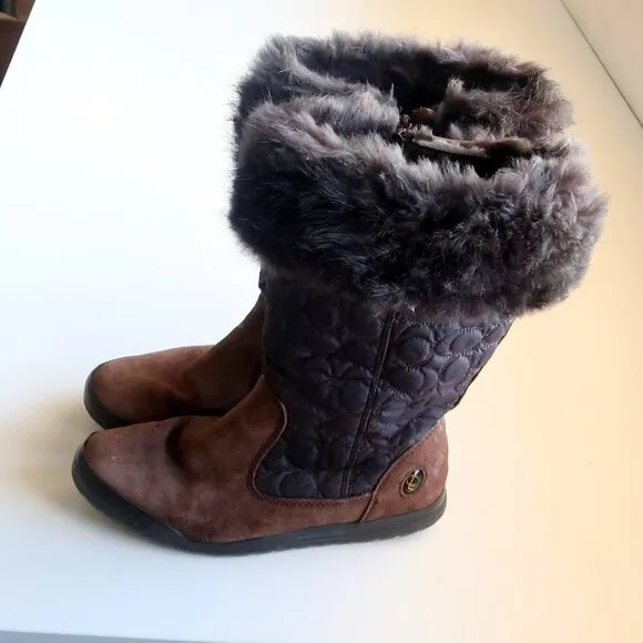 Coach Talen Brown Waterproof Suede Leather Quilted Nylon &amp; Fur Winter Snow Boots
