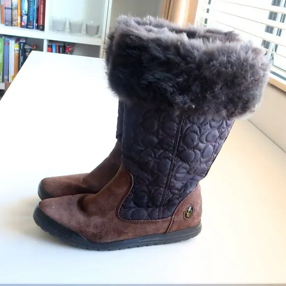 Coach Talen Brown Waterproof Suede Leather Quilted Nylon &amp; Fur Winter Snow Boots