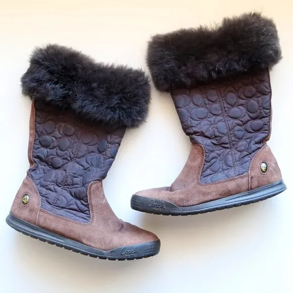 Coach Talen Brown Waterproof Suede Leather Quilted Nylon &amp; Fur Winter Snow Boots