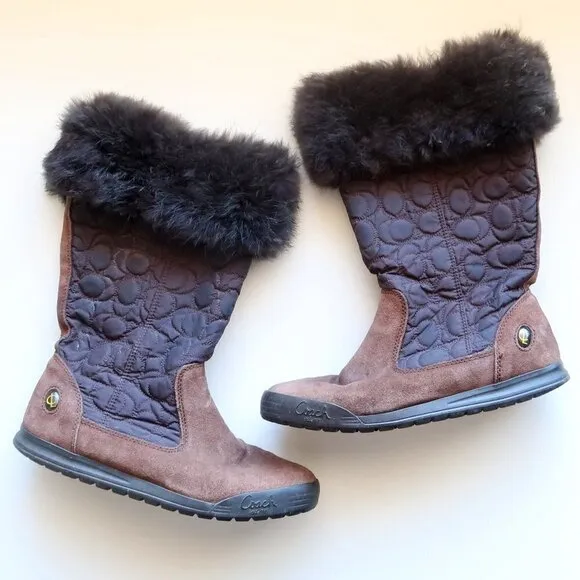 Coach Talen Brown Waterproof Suede Leather Quilted Nylon &amp; Fur Winter Snow Boots