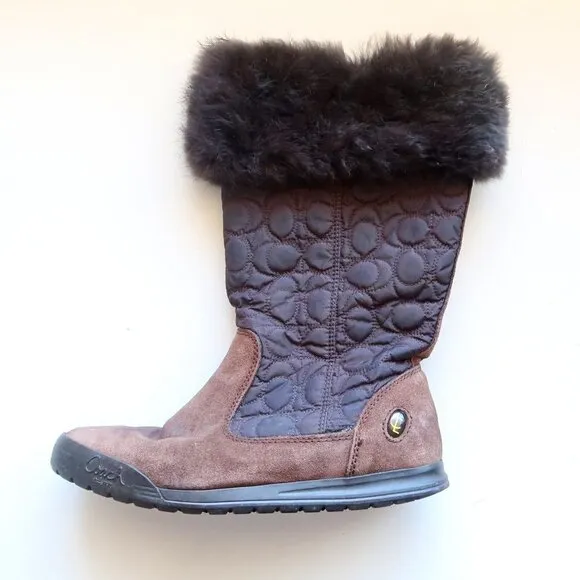 Coach Talen Brown Waterproof Suede Leather Quilted Nylon &amp; Fur Winter Snow Boots