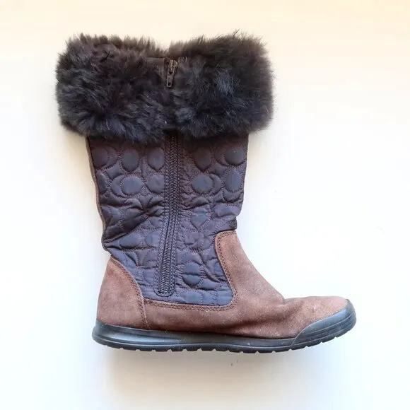 Coach Talen Brown Waterproof Suede Leather Quilted Nylon &amp; Fur Winter Snow Boots
