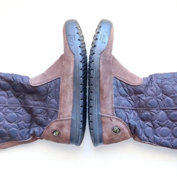 Coach Talen Brown Waterproof Suede Leather Quilted Nylon &amp; Fur Winter Snow Boots