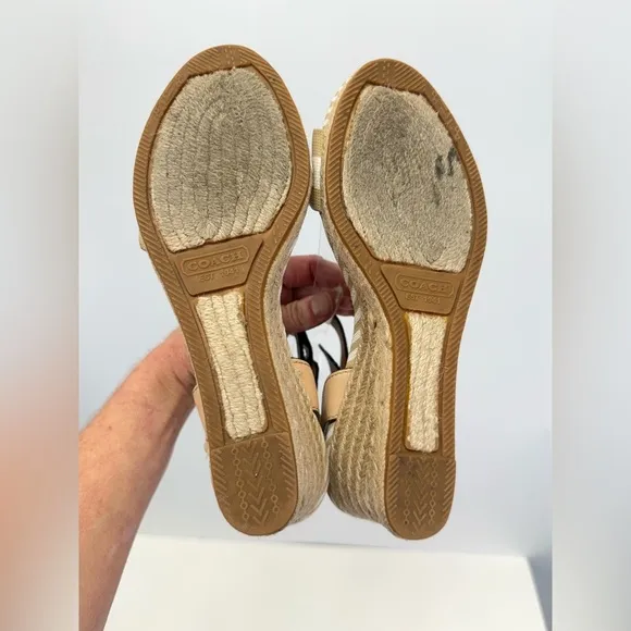 COACH Tan and white stripe HELEN rattan wedge espadrilles size 7.