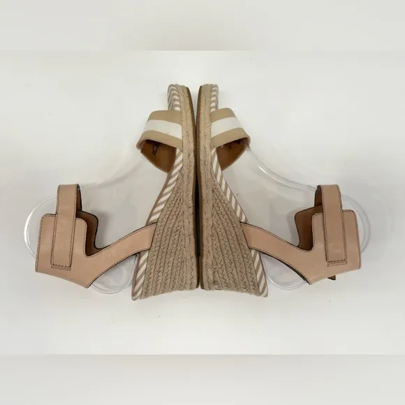 COACH Tan and white stripe HELEN rattan wedge espadrilles size 7.