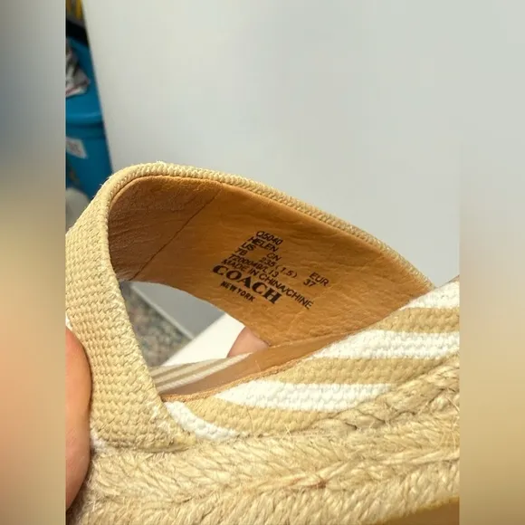 COACH Tan and white stripe HELEN rattan wedge espadrilles size 7.