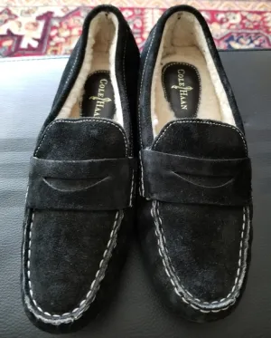 Cole Haan Black Suede Sheepskin Lined Loafers