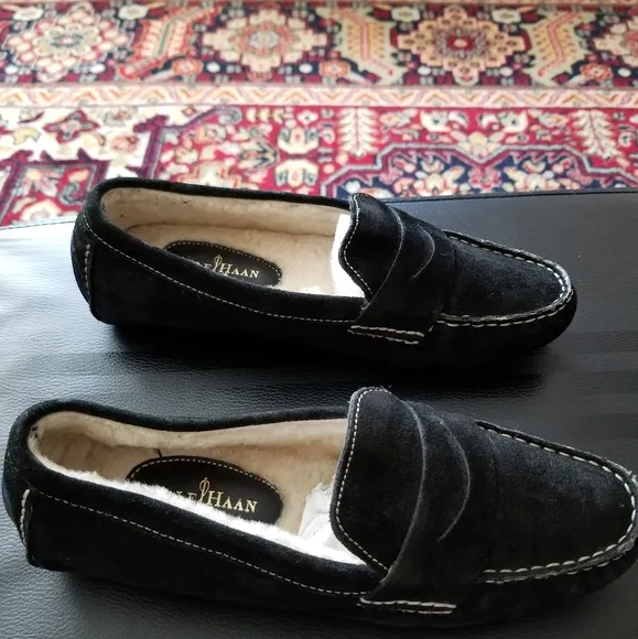 Cole Haan Black Suede Sheepskin Lined Loafers