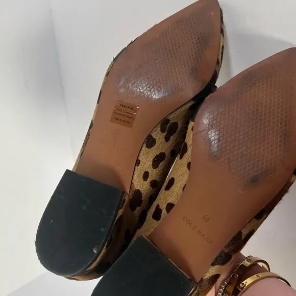 Cole Haan Leopard Gold Buckle Pony Hair Point-Toe Flats Size 6.5