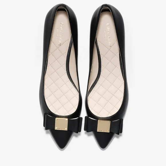 Cole Haan Tali Bow Skimmer Shoes Black Leather Gold Logo Size 9B W09852 with Box