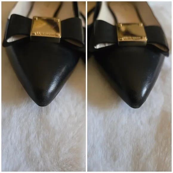 Cole Haan Tali Bow Skimmer Shoes Black Leather Gold Logo Size 9B W09852 with Box