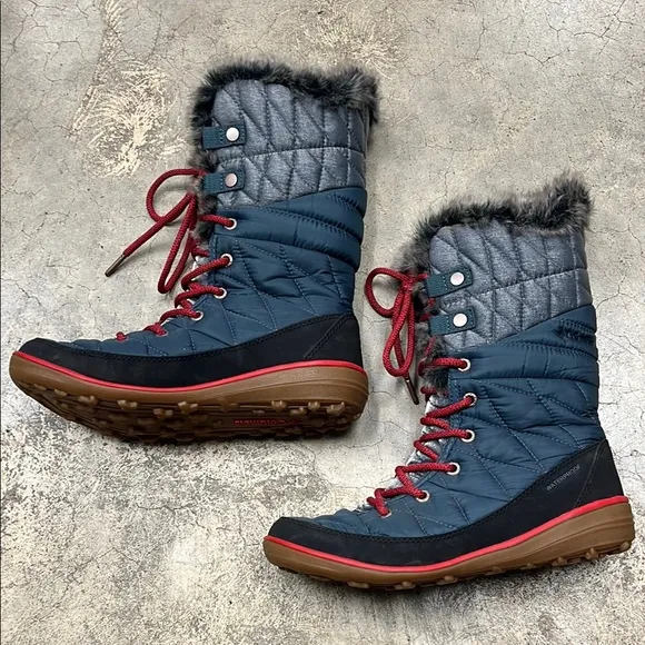 Columbia Blue and Red Winter Rain Boots with Quilted Design