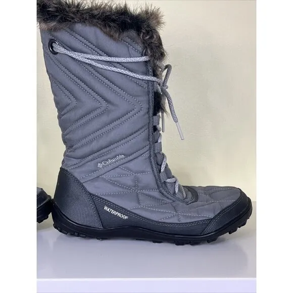 Columbia Omni-Grip Waterproof Quilted Boots Faux Fur Lace Up Gray Size 7