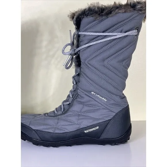 Columbia Omni-Grip Waterproof Quilted Boots Faux Fur Lace Up Gray Size 7