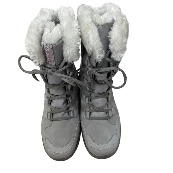 Columbia Suede Leahter Boots Womens 7 Gray Midcalf Fur Trim Lace Up Quilted