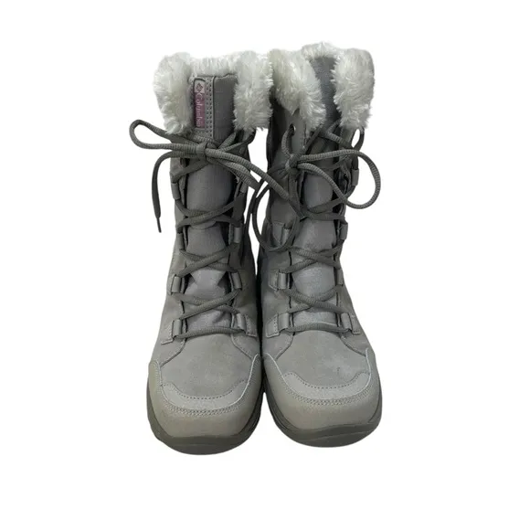 Columbia Suede Leahter Boots Womens 7 Gray Midcalf Fur Trim Lace Up Quilted