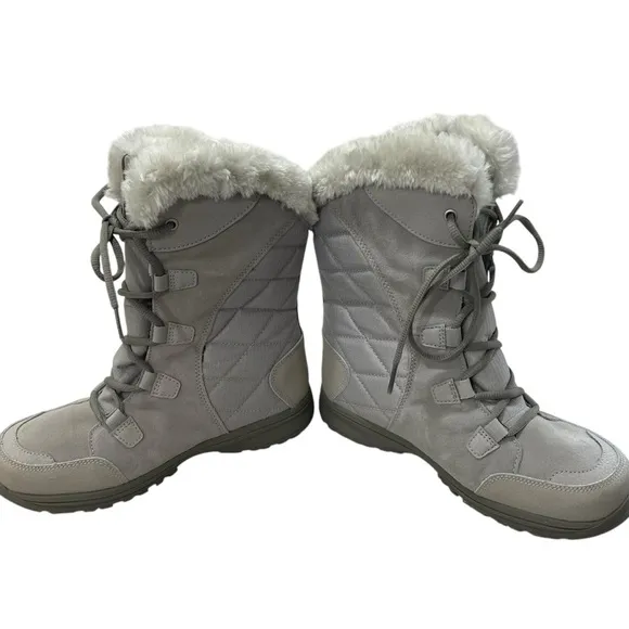 Columbia Suede Leahter Boots Womens 7 Gray Midcalf Fur Trim Lace Up Quilted