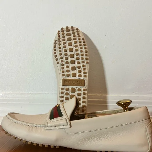 Cream Leather Slip-On Loafers with Gold Hardware