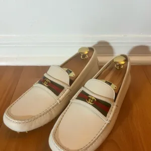 Cream Leather Slip-On Loafers with Gold Hardware