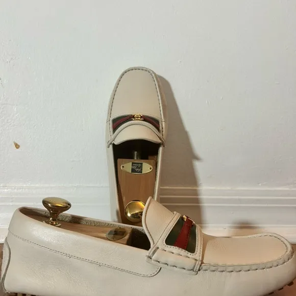 Cream Leather Slip-On Loafers with Gold Hardware