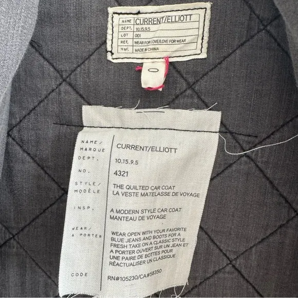 Current/Elliott Quilted Car Coat Short Sleeve Analog Grey Cotton Minimal