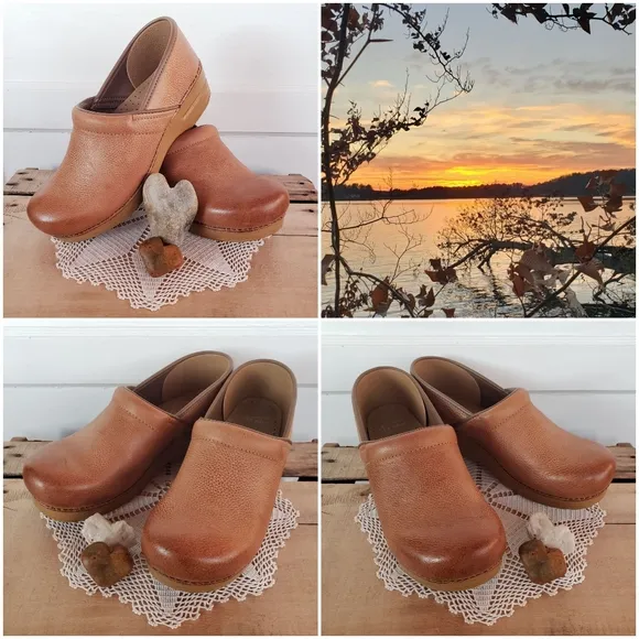 Dansko Pro WiDE Honey Clogs Burnished Distressed Leather Cottage Coastal 9.5-10