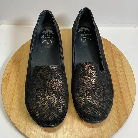 Dansko Women EU 42 US 12 Black Bronze Olivia Snakeskin Loafers Comfort Soles